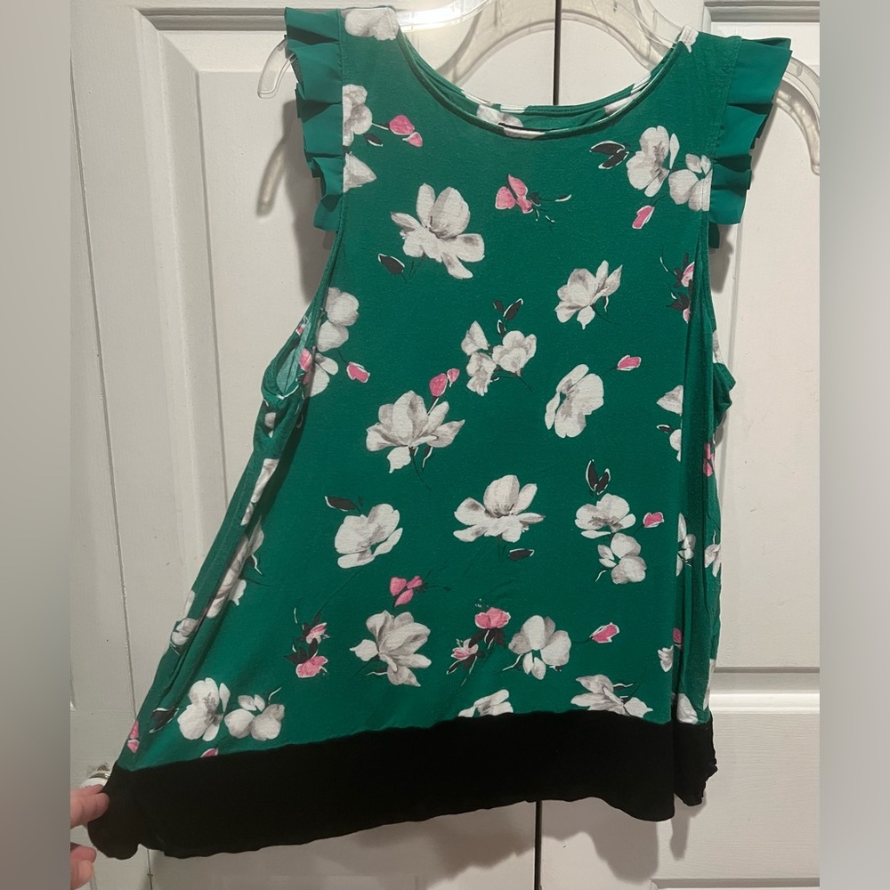 2 Pc PJ Set💚 Green Floral Ruffle Cap Sleeve Top & Pants w Pockets - Picture 3 of 11